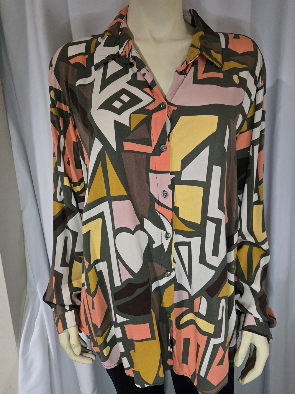 Abstract Geo-Print Button-Down Shirt in Coral Pink, Mustard & Brown